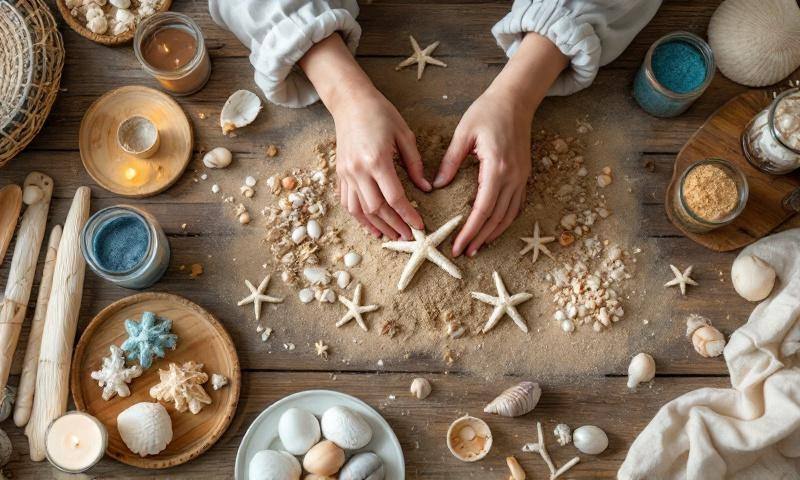 Manos creando con arena, conchas y estrellas de mar sobre mesa de madera