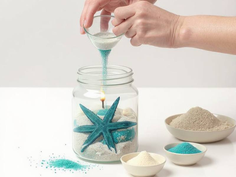 Manos creando capas de arena decorativa en tarro de cristal