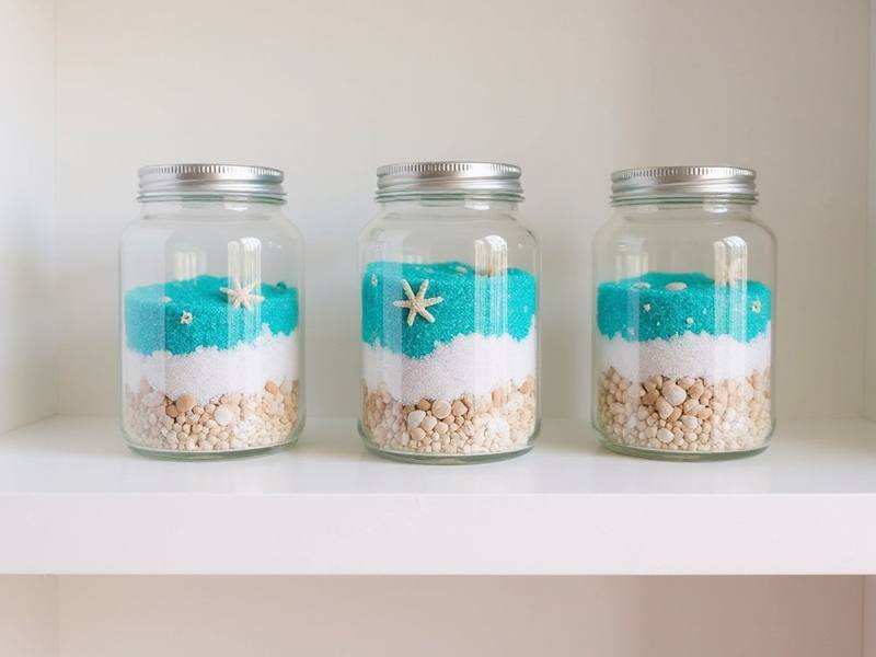 Tarros de cristal decorados con arenas turquesa y conchas en estante costero