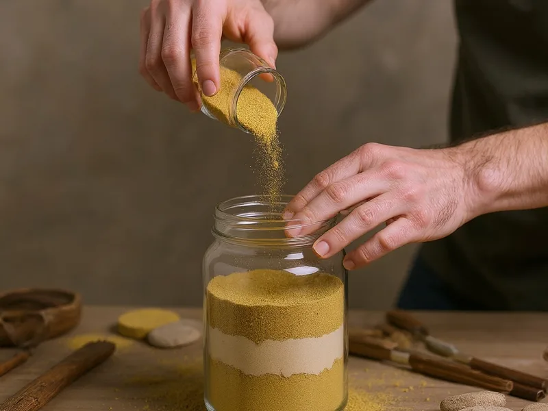 Artesano trabajando con arena fina mostaza para capas decorativas