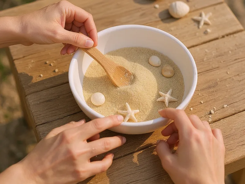 Manos creando manualidades con arena fina natural y conchas marinas en un centro de mesa costero.