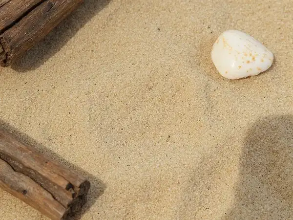 Arena fina de color natural de cerca, mostrando su textura para decoración y manualidades.