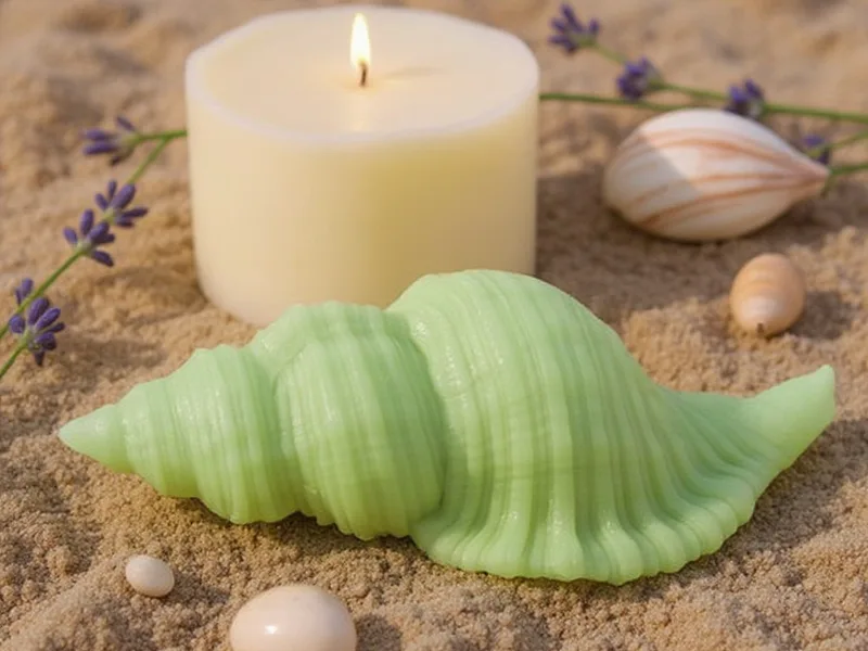 Molde de conchas marinas de silicona con jabones y velas artesanales en forma de concha, evocando un ambiente costero.