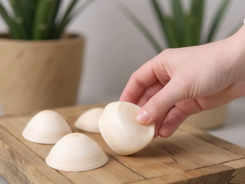 Primer plano de conchas marinas tellina en la mano, mostrando su textura natural, en un entorno de decoración costera moderna.