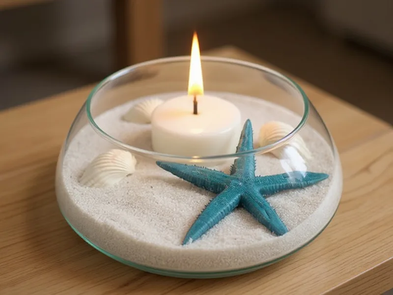 Centro de mesa marino DIY con arena fina blanca, conchas y vela.