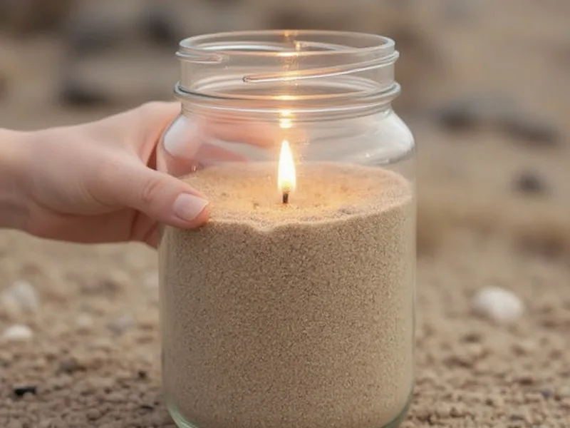Manos creando una vela de gel con caracolas Turbo Goldmouth y arena, en un ambiente DIY costero.