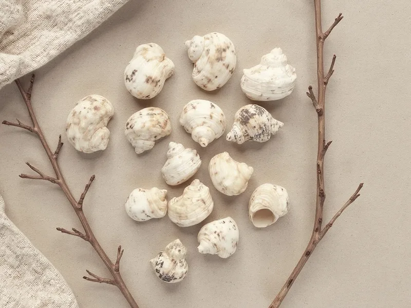 Caracolas Turbo Goldmouth en una composición de estilo coastal modern, mostrando sus texturas y colores naturales.