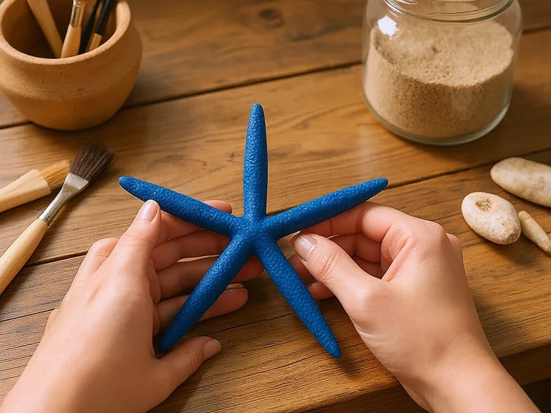 Estrella de mar azul natural en un taller de manualidades DIY, con materiales costeros.