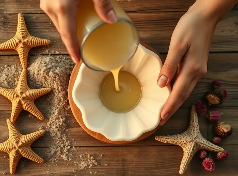 Manos vertiendo cera en molde de concha, creando velas artesanales marinas.