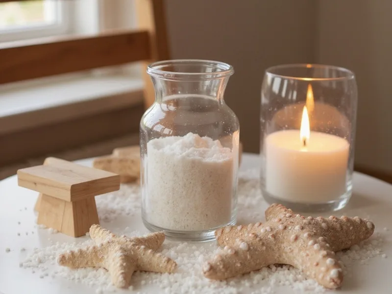 Estrellas de mar Jungle en un centro de mesa con arena y velas aromáticas, decoración costera DIY