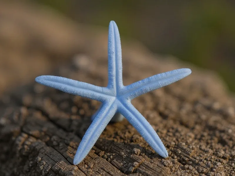 Detalle de estrella de mar albina azul natural, textura y color, materiales sostenibles.