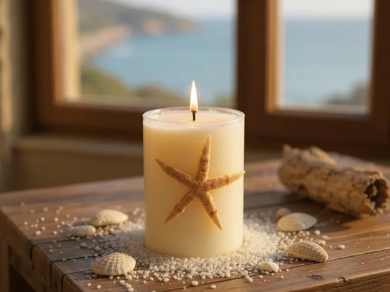 Centro de mesa costero con estrella de mar filipina y vela de gel