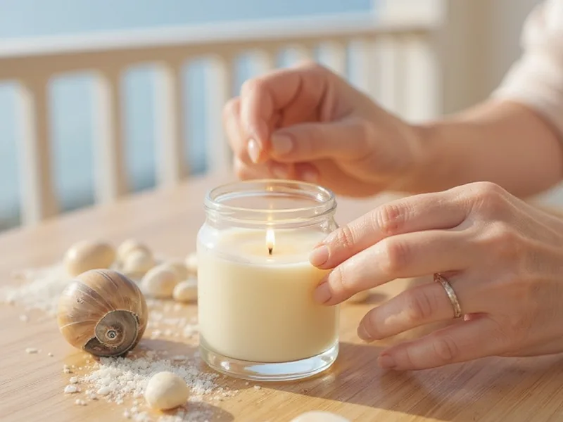 Manos decorando una vela de gel con caracoles de mar polinices fluctuata y arena, creando un ambiente marino artesanal.