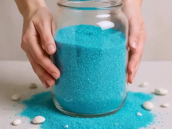 Manos creando un centro de mesa con arena fina azul caribe y conchas marinas