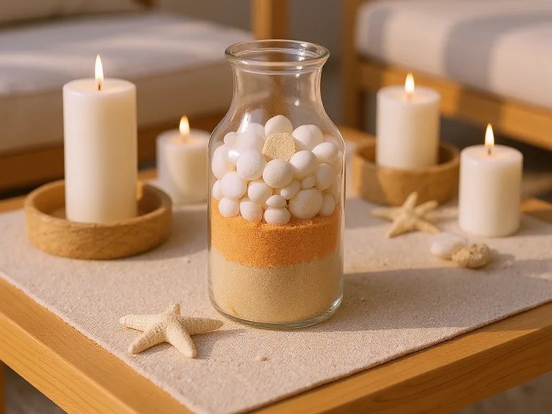 Jarrón de cristal con arena fina naranja y conchas, decorando una mesa de centro de estilo mediterráneo.